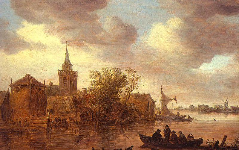 Jan van  Goyen A Church and a Farm on the Bank of a River Germany oil painting art
